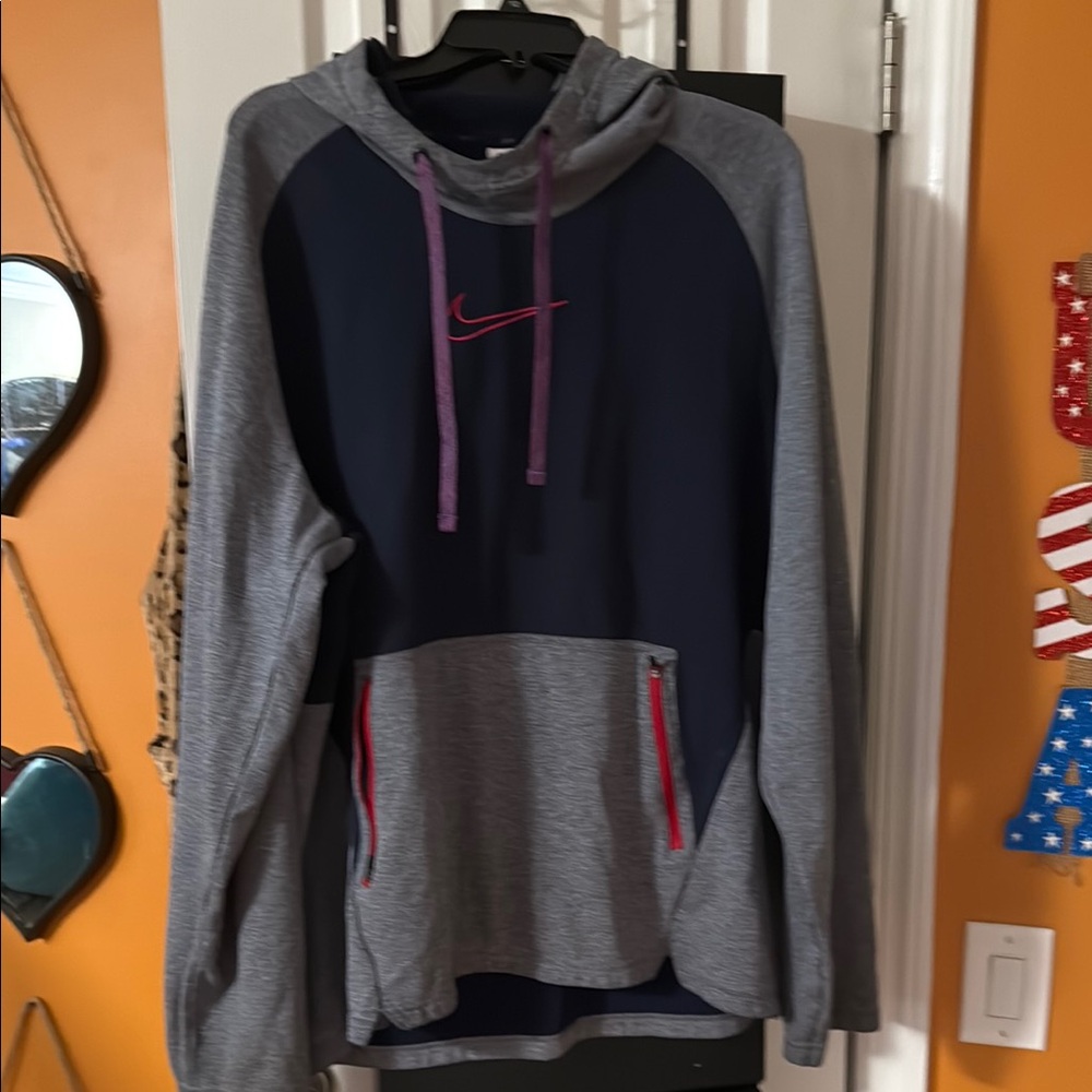 Nike Men's Gray and Blue Hoodie